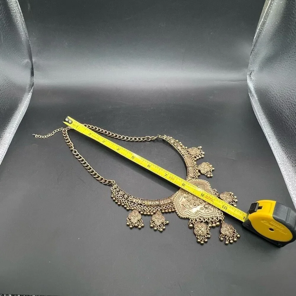 Middle Eastern Necklace Ornate Engravings Statement Collar Ethnic Gold Tone - Picture 7 of 9